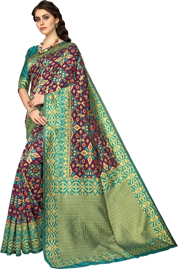 Purple_Green_Banarasi_Silk_Blend_Woven_Jacquard_Saree_For_Women_|_With_Blouse_Piece