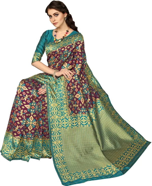 Purple_Green_Banarasi_Silk_Blend_Woven_Jacquard_Saree_For_Women_|_With_Blouse_Piece