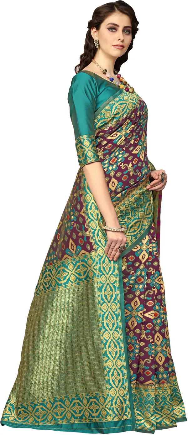 Purple_Green_Banarasi_Silk_Blend_Woven_Jacquard_Saree_For_Women_|_With_Blouse_Piece