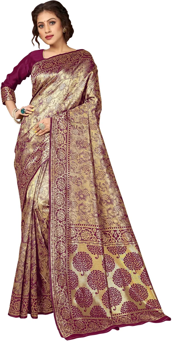 Purple_Gold_Banarasi_Silk_Blend_Jacquard_Kalamkari_Saree_For_Women_|_With_Blouse_Piece