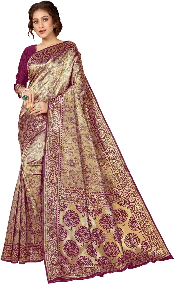 Purple_Gold_Banarasi_Silk_Blend_Jacquard_Kalamkari_Saree_For_Women_|_With_Blouse_Piece