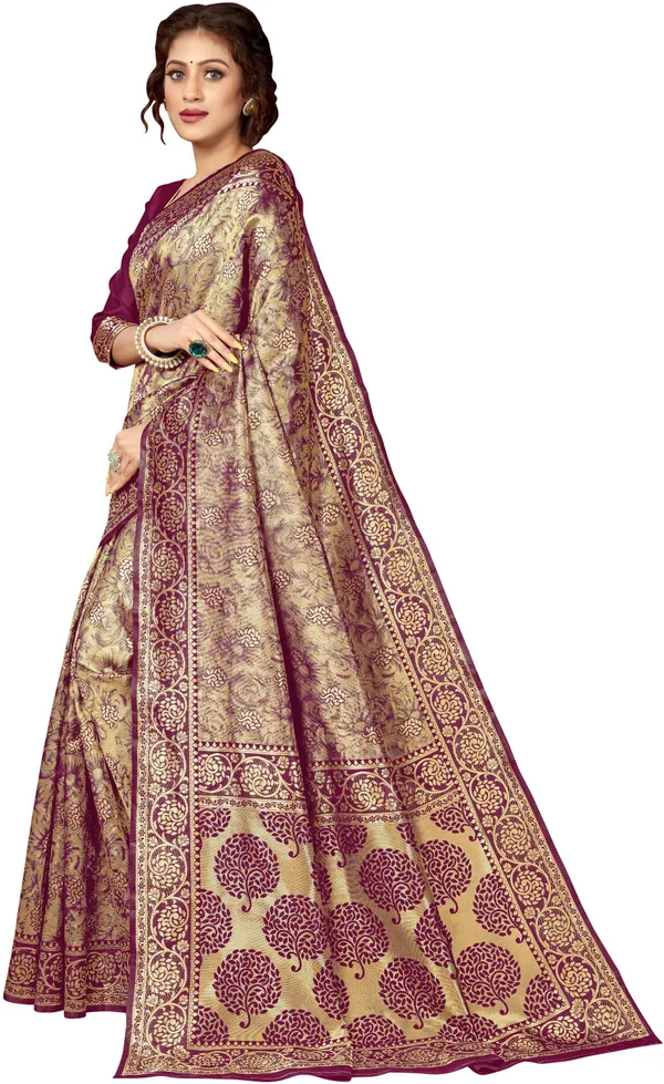 Purple_Gold_Banarasi_Silk_Blend_Jacquard_Kalamkari_Saree_For_Women_|_With_Blouse_Piece