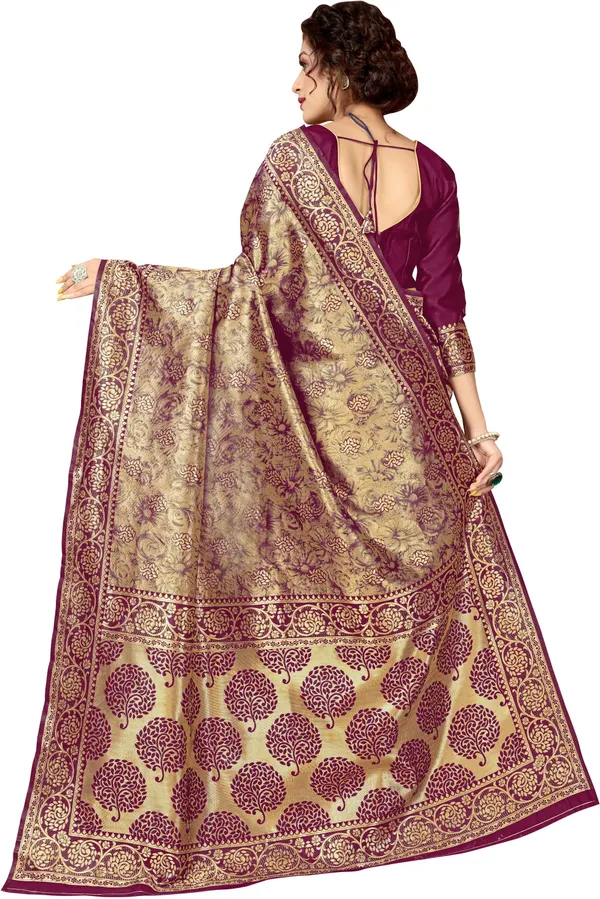 Purple_Gold_Banarasi_Silk_Blend_Jacquard_Kalamkari_Saree_For_Women_|_With_Blouse_Piece