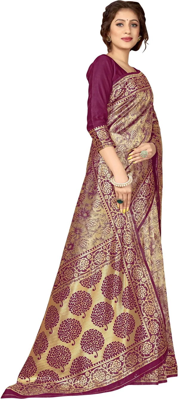 Purple_Gold_Banarasi_Silk_Blend_Jacquard_Kalamkari_Saree_For_Women_|_With_Blouse_Piece