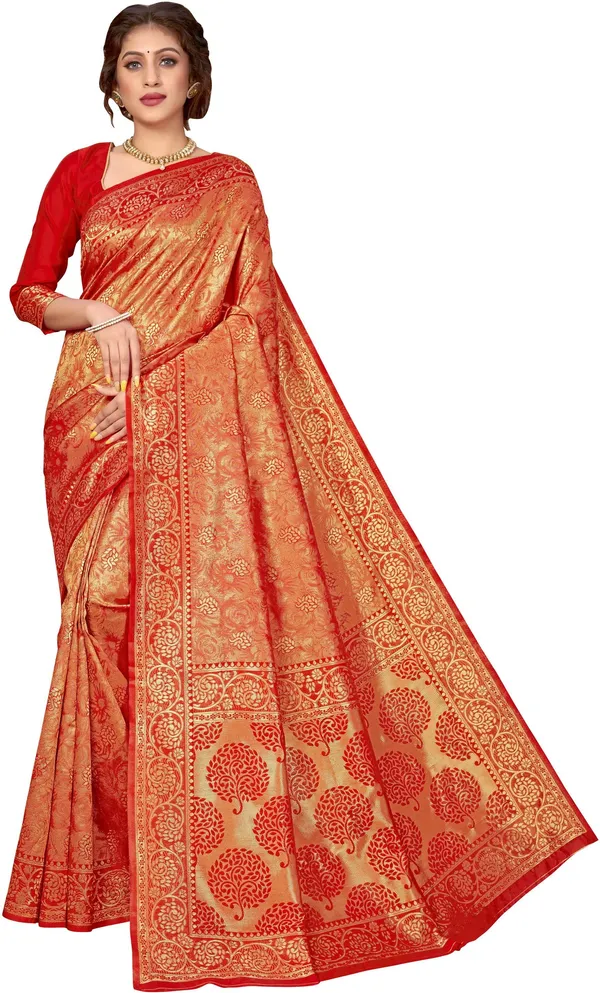 Sariya_Red_Banarasi_Silk_Blend_Jacquard_Woven_Kalamkari_Saree_For_Women_|_With_Blouse_Piece