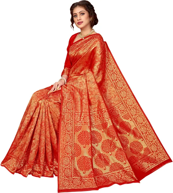 Sariya_Red_Banarasi_Silk_Blend_Jacquard_Woven_Kalamkari_Saree_For_Women_|_With_Blouse_Piece