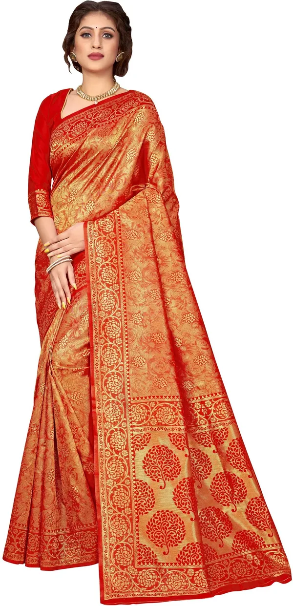 Sariya_Red_Banarasi_Silk_Blend_Jacquard_Woven_Kalamkari_Saree_For_Women_|_With_Blouse_Piece
