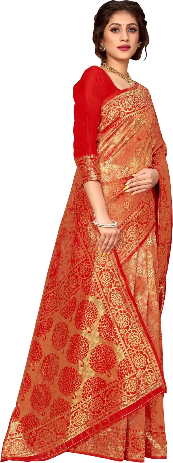 Sariya_Red_Banarasi_Silk_Blend_Jacquard_Woven_Kalamkari_Saree_For_Women_|_With_Blouse_Piece