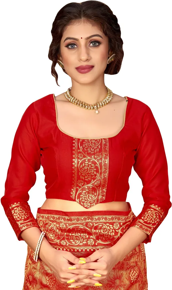 Sariya_Red_Banarasi_Silk_Blend_Jacquard_Woven_Kalamkari_Saree_For_Women_|_With_Blouse_Piece