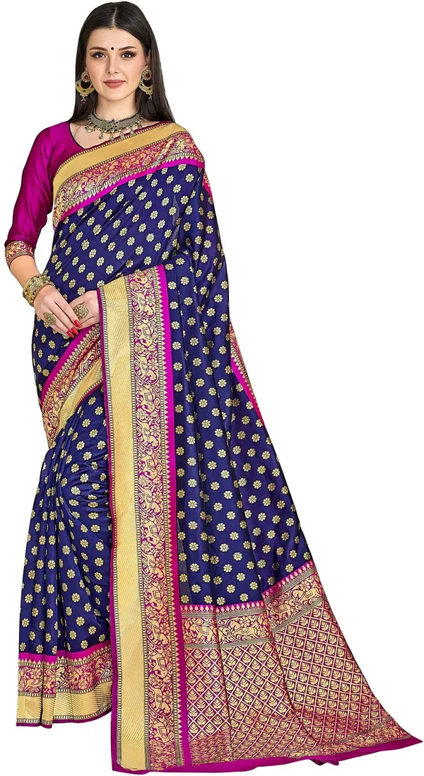 Dark_Blue_Pink_Banarasi_Silk_Blend_Jacquard_Woven_Embellished_Saree_For_Women_|_With_Blouse_Piece