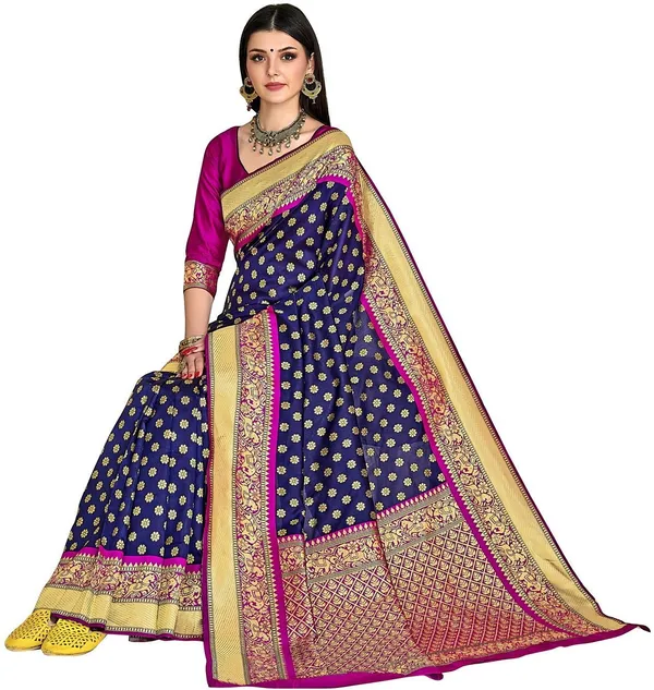 Dark_Blue_Pink_Banarasi_Silk_Blend_Jacquard_Woven_Embellished_Saree_For_Women_|_With_Blouse_Piece