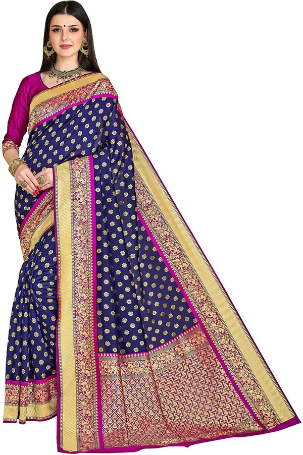 Dark_Blue_Pink_Banarasi_Silk_Blend_Jacquard_Woven_Embellished_Saree_For_Women_|_With_Blouse_Piece
