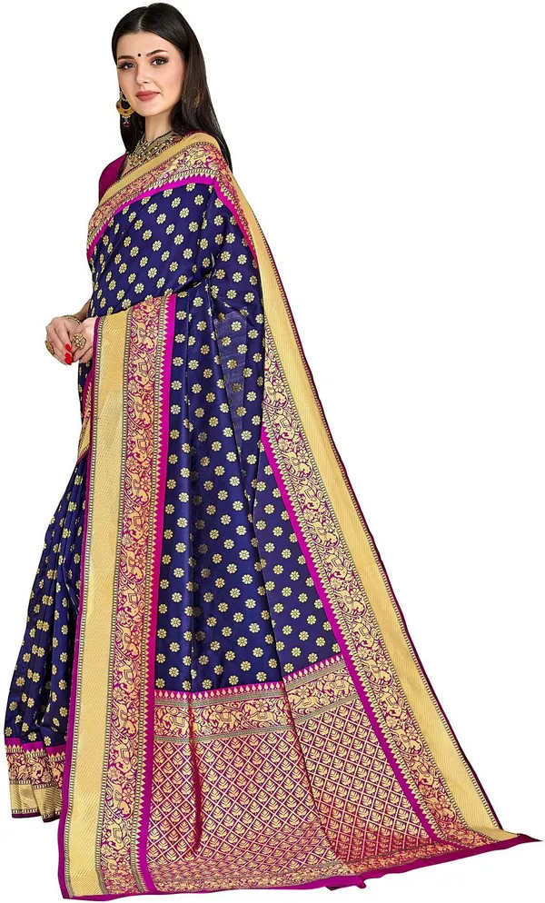 Dark_Blue_Pink_Banarasi_Silk_Blend_Jacquard_Woven_Embellished_Saree_For_Women_|_With_Blouse_Piece