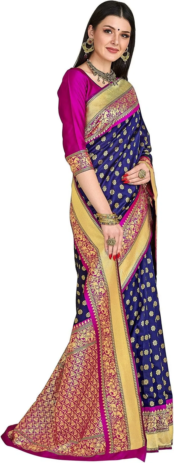 Dark_Blue_Pink_Banarasi_Silk_Blend_Jacquard_Woven_Embellished_Saree_For_Women_|_With_Blouse_Piece