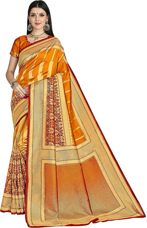 Orange_Banarasi_Silk_Blend_Woven_Jacquard_Saree_For_Women_|_With_Blouse_Piece