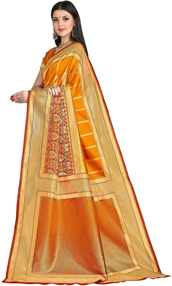 Orange_Banarasi_Silk_Blend_Woven_Jacquard_Saree_For_Women_|_With_Blouse_Piece