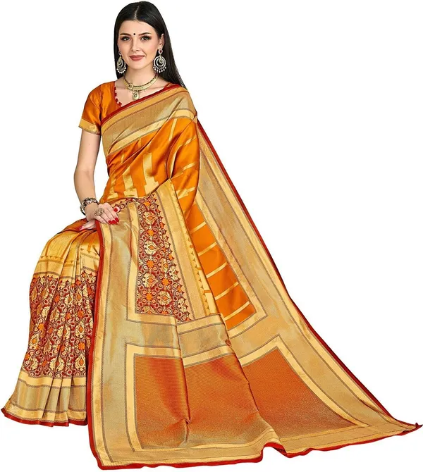 Orange_Banarasi_Silk_Blend_Woven_Jacquard_Saree_For_Women_|_With_Blouse_Piece