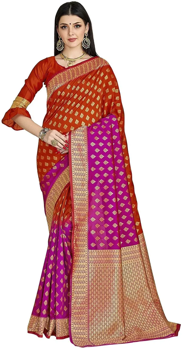 Pink_Orange_Banarasi_Silk_Blend_Jacquard_Zari_Saree_For_Women_|_With_Blouse_Piece