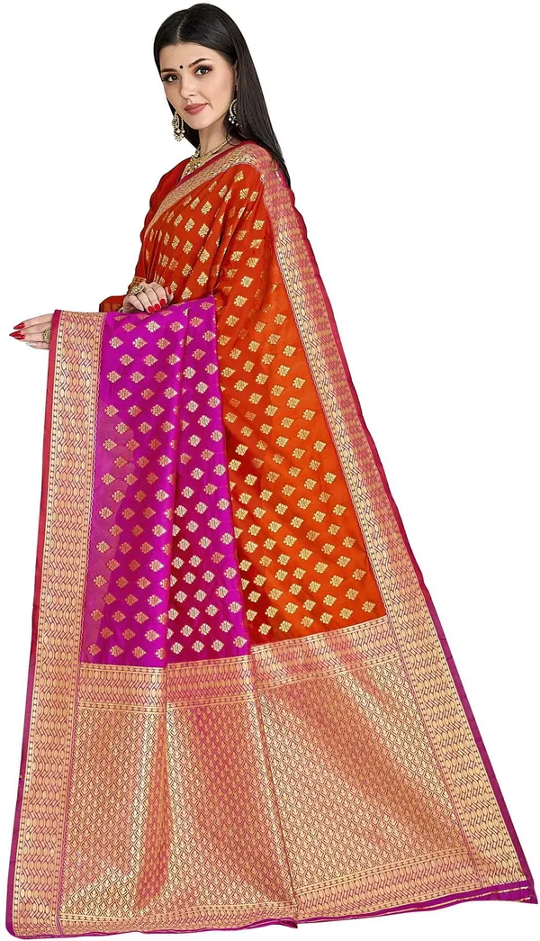 Pink_Orange_Banarasi_Silk_Blend_Jacquard_Zari_Saree_For_Women_|_With_Blouse_Piece