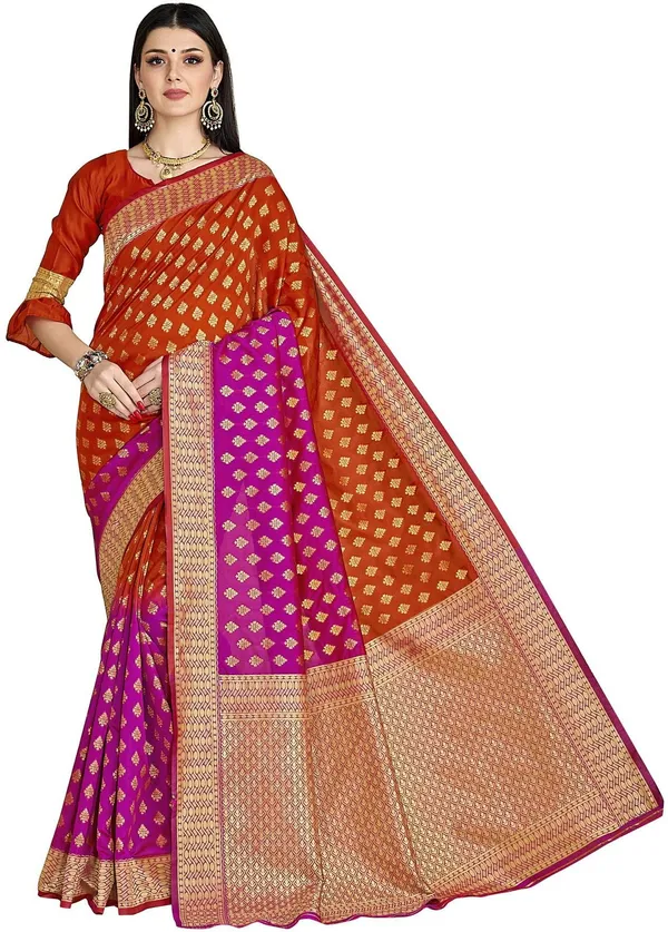 Pink_Orange_Banarasi_Silk_Blend_Jacquard_Zari_Saree_For_Women_|_With_Blouse_Piece