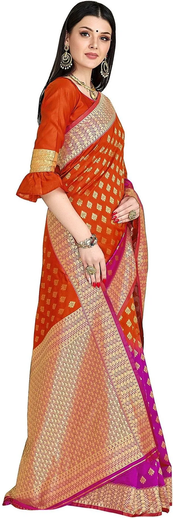 Pink_Orange_Banarasi_Silk_Blend_Jacquard_Zari_Saree_For_Women_|_With_Blouse_Piece