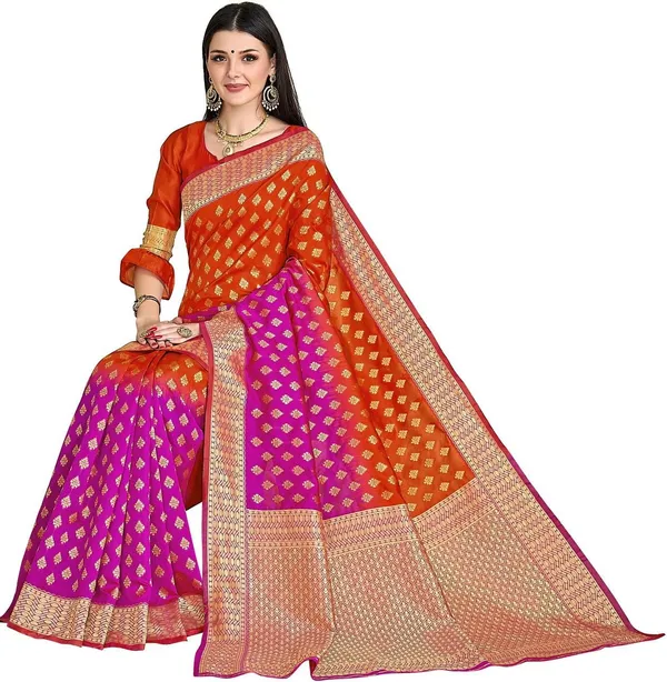 Pink_Orange_Banarasi_Silk_Blend_Jacquard_Zari_Saree_For_Women_|_With_Blouse_Piece