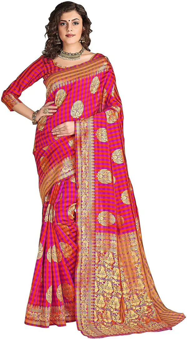 Pink_Banarasi_Silk_Blend_Jacquard_Checkered_Zari_Woven_Saree_For_Women_|_With_Blouse_Piece