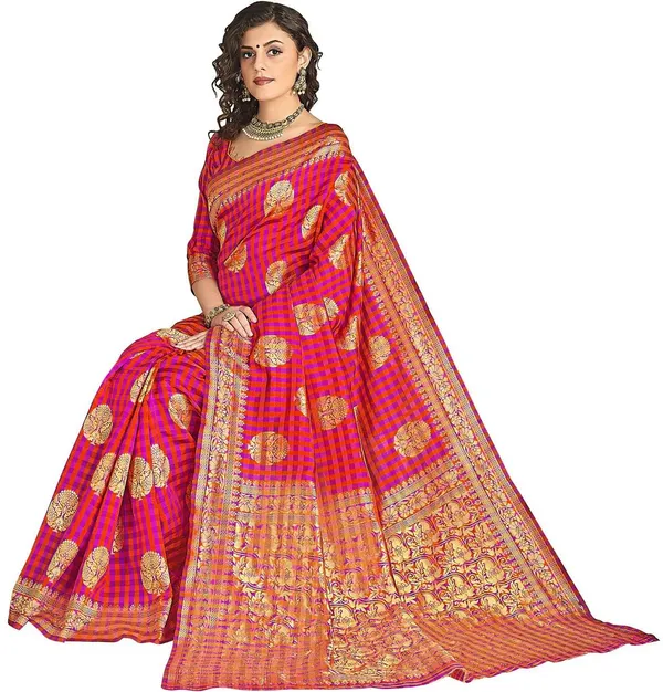 Pink_Banarasi_Silk_Blend_Jacquard_Checkered_Zari_Woven_Saree_For_Women_|_With_Blouse_Piece