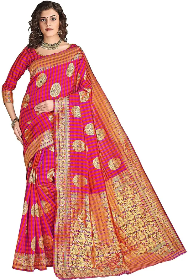 Pink_Banarasi_Silk_Blend_Jacquard_Checkered_Zari_Woven_Saree_For_Women_|_With_Blouse_Piece