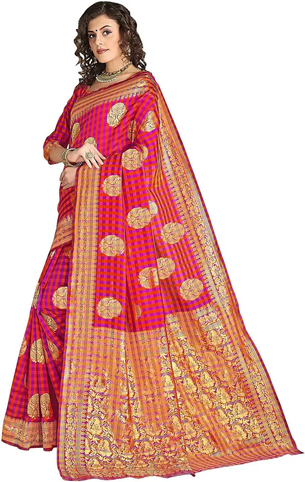 Pink_Banarasi_Silk_Blend_Jacquard_Checkered_Zari_Woven_Saree_For_Women_|_With_Blouse_Piece