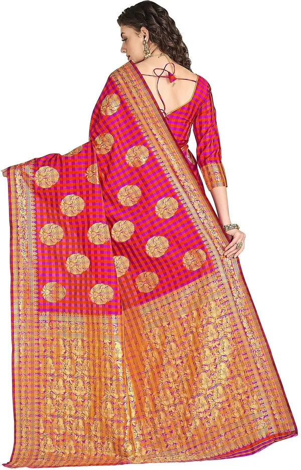 Pink_Banarasi_Silk_Blend_Jacquard_Checkered_Zari_Woven_Saree_For_Women_|_With_Blouse_Piece