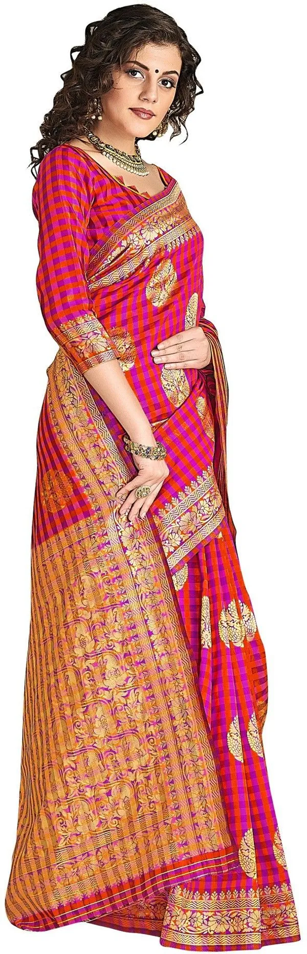 Pink_Banarasi_Silk_Blend_Jacquard_Checkered_Zari_Woven_Saree_For_Women_|_With_Blouse_Piece