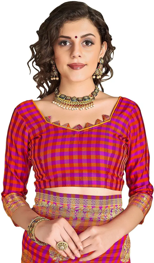 Pink_Banarasi_Silk_Blend_Jacquard_Checkered_Zari_Woven_Saree_For_Women_|_With_Blouse_Piece