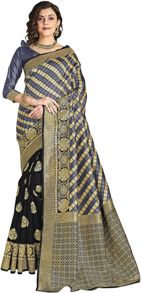 Sariya_Black_Grey_Silk_Blend_Jacquard_Checkered_Saree_For_Women_|_With_Blouse_Piece