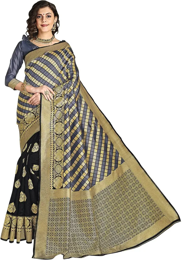 Sariya_Black_Grey_Silk_Blend_Jacquard_Checkered_Saree_For_Women_|_With_Blouse_Piece