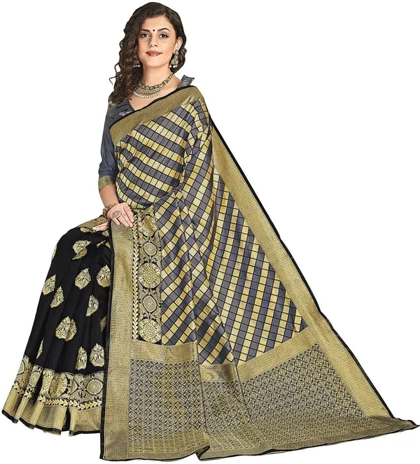 Sariya_Black_Grey_Silk_Blend_Jacquard_Checkered_Saree_For_Women_|_With_Blouse_Piece