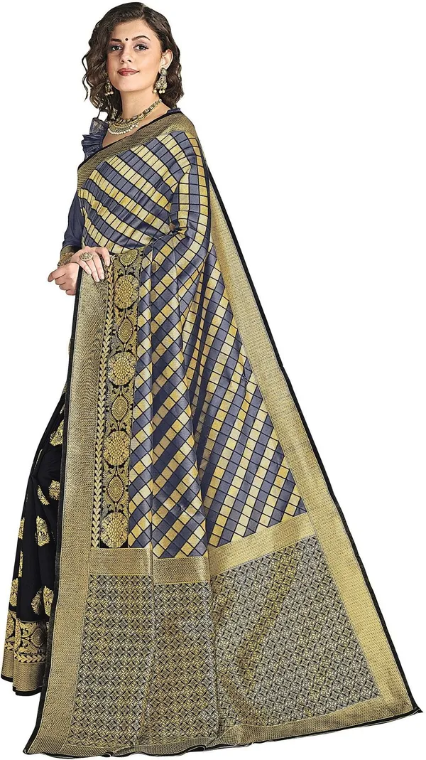 Sariya_Black_Grey_Silk_Blend_Jacquard_Checkered_Saree_For_Women_|_With_Blouse_Piece