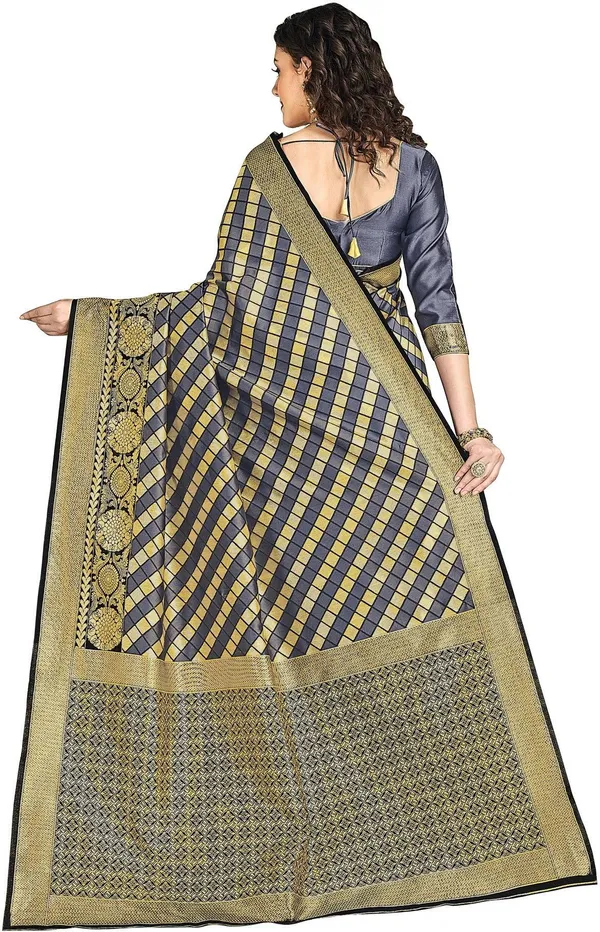 Sariya_Black_Grey_Silk_Blend_Jacquard_Checkered_Saree_For_Women_|_With_Blouse_Piece