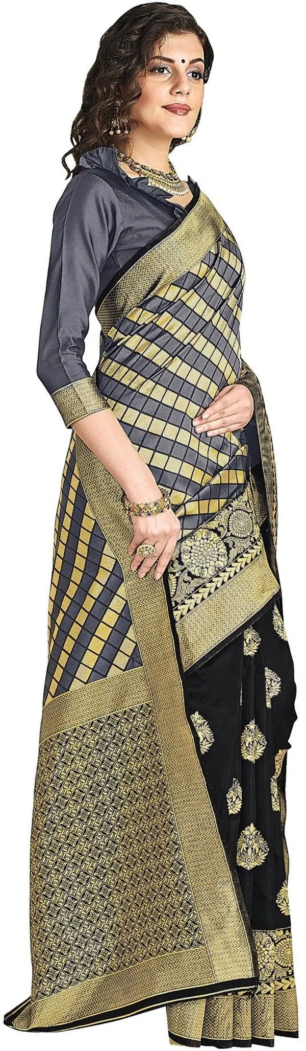Sariya_Black_Grey_Silk_Blend_Jacquard_Checkered_Saree_For_Women_|_With_Blouse_Piece