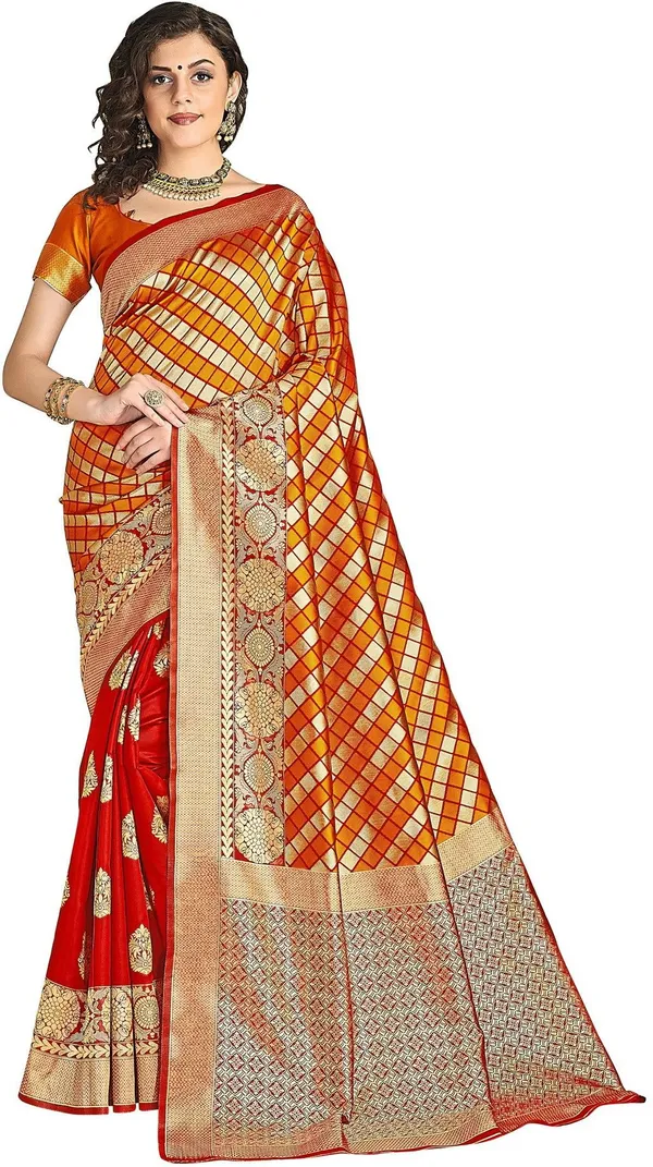 Red_Orange_Silk_Blend_Jacquard_Checkered_Bollywood_Saree_For_Women_|_With_Blouse_Piece
