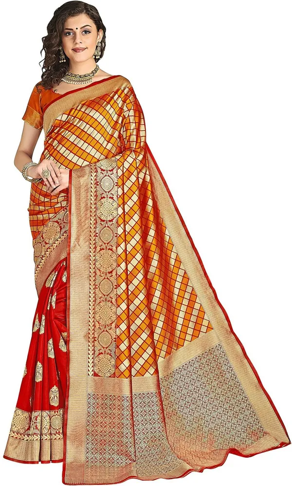Red_Orange_Silk_Blend_Jacquard_Checkered_Bollywood_Saree_For_Women_|_With_Blouse_Piece