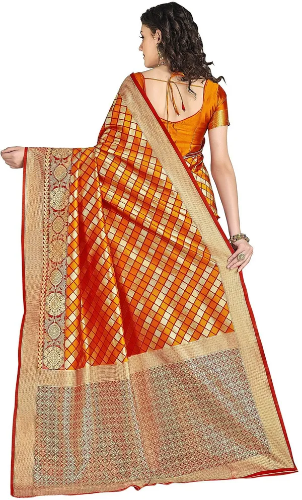 Red_Orange_Silk_Blend_Jacquard_Checkered_Bollywood_Saree_For_Women_|_With_Blouse_Piece