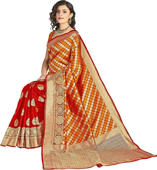 Red_Orange_Silk_Blend_Jacquard_Checkered_Bollywood_Saree_For_Women_|_With_Blouse_Piece