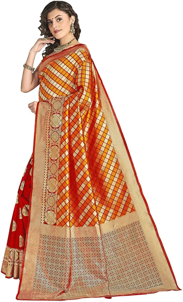Red_Orange_Silk_Blend_Jacquard_Checkered_Bollywood_Saree_For_Women_|_With_Blouse_Piece