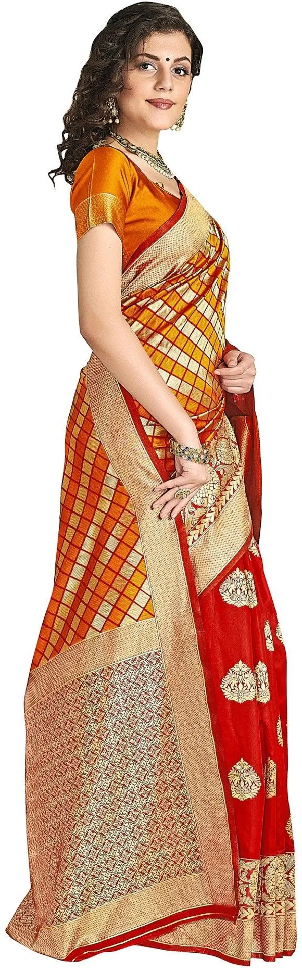 Red_Orange_Silk_Blend_Jacquard_Checkered_Bollywood_Saree_For_Women_|_With_Blouse_Piece