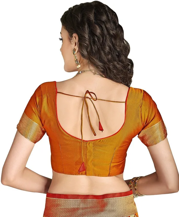Red_Orange_Silk_Blend_Jacquard_Checkered_Bollywood_Saree_For_Women_|_With_Blouse_Piece