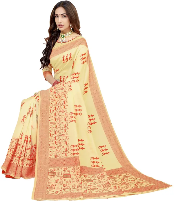 Sariya_Red_Cream_Banarasi_Silk_Blend_Jacquard_Embellished_Saree_For_Women_|_With_Blouse_Piece