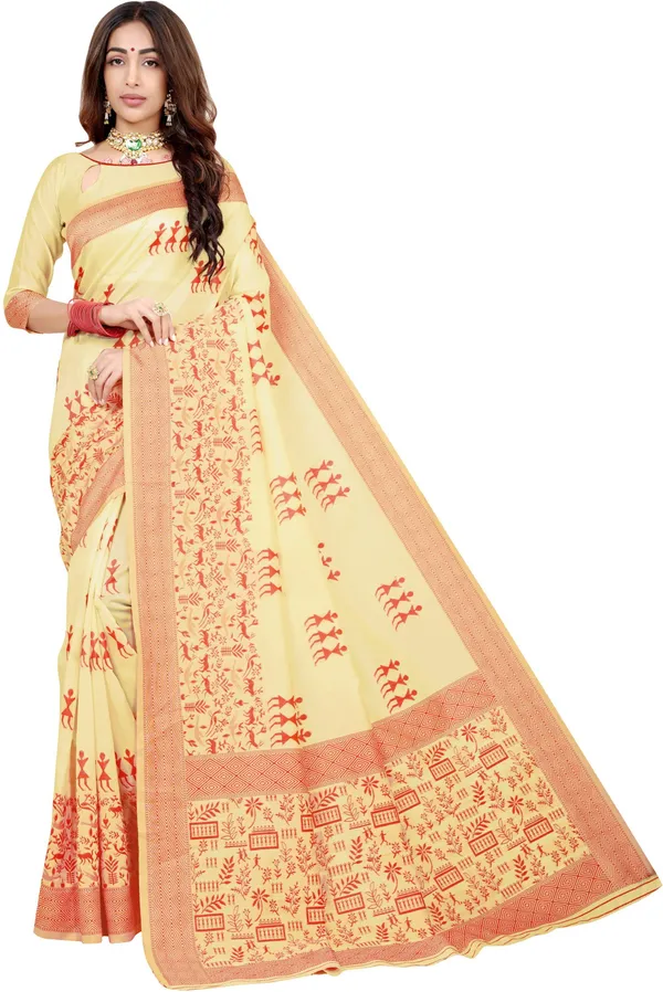 Sariya_Red_Cream_Banarasi_Silk_Blend_Jacquard_Embellished_Saree_For_Women_|_With_Blouse_Piece