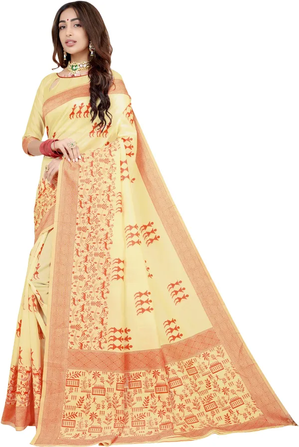 Sariya_Red_Cream_Banarasi_Silk_Blend_Jacquard_Embellished_Saree_For_Women_|_With_Blouse_Piece