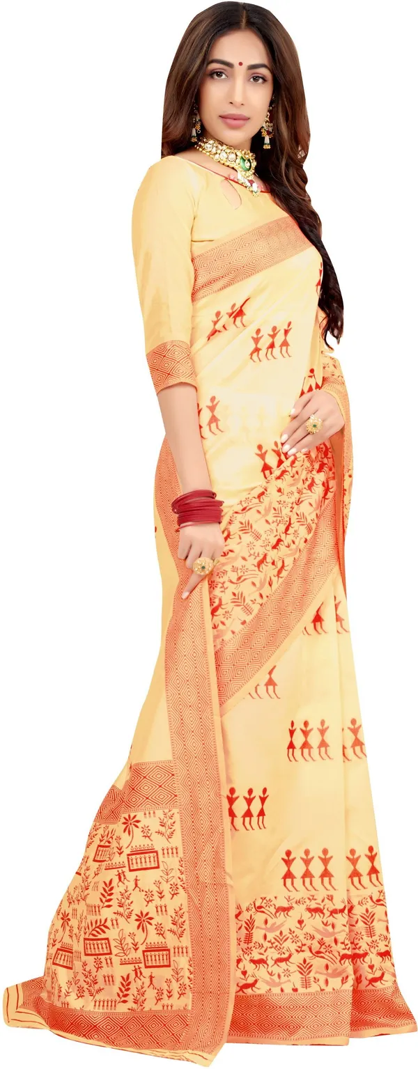 Sariya_Red_Cream_Banarasi_Silk_Blend_Jacquard_Embellished_Saree_For_Women_|_With_Blouse_Piece
